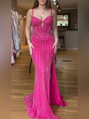 Jovani Hot Pink Beaded Evening Gown with Thigh Slit